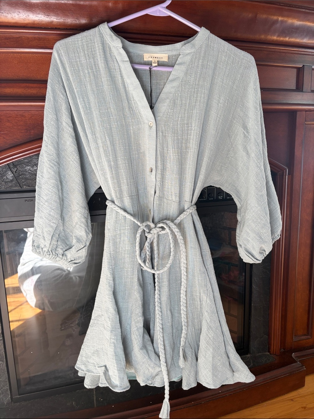 Promesa Light Blue Textured Tie-Waist Mini Dress